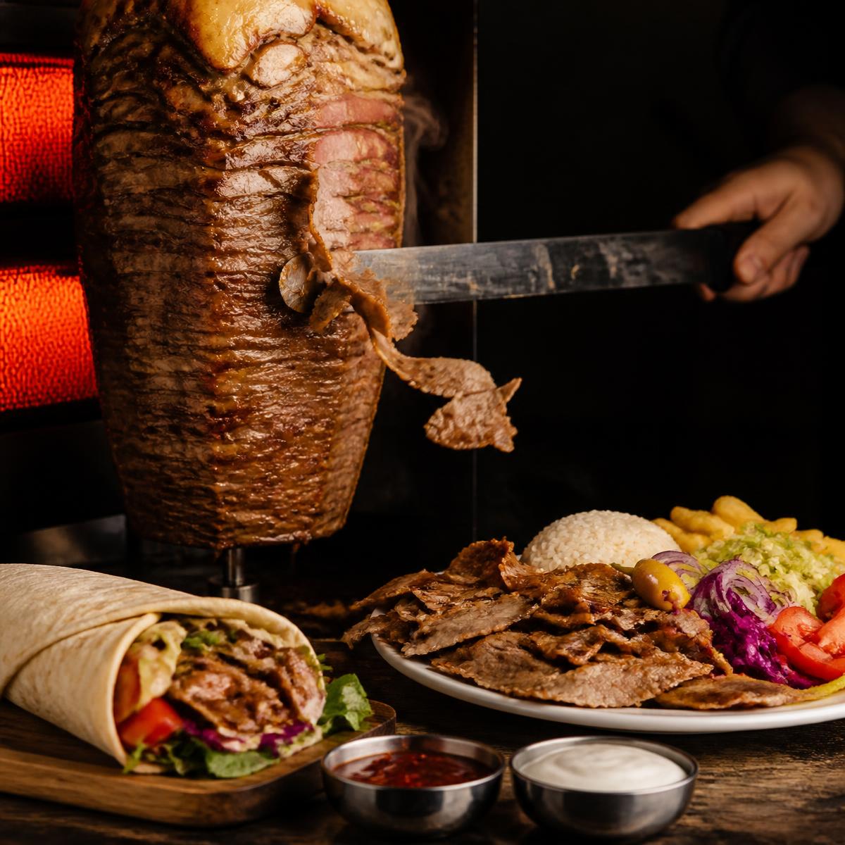 Frisch geschnittener Döner Kebab und Dürüm