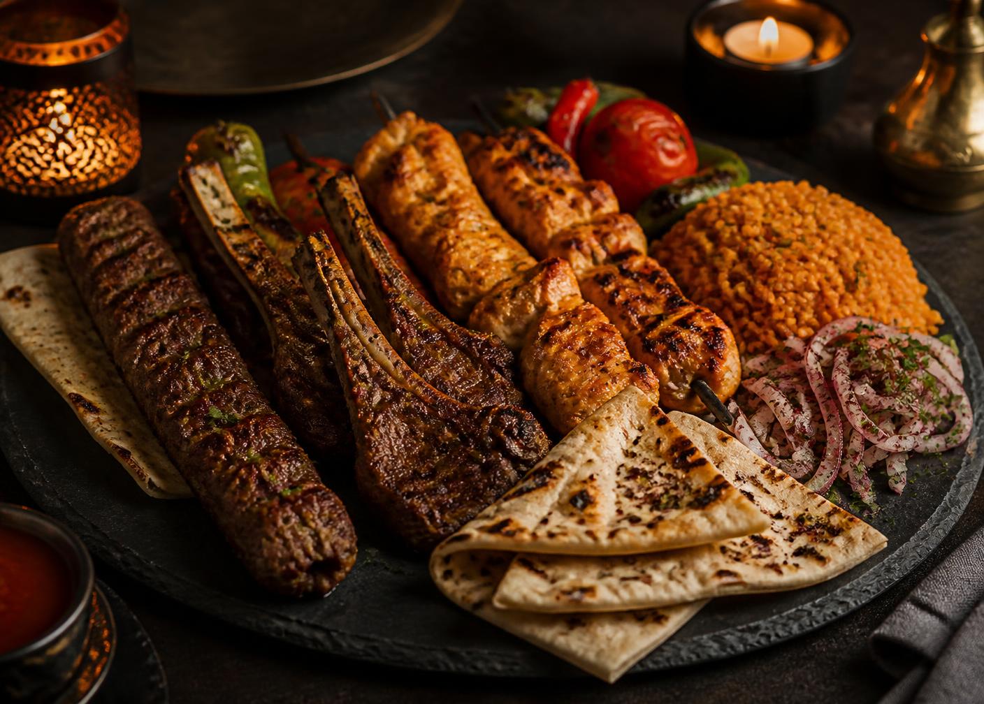 Gemischter Grillteller mit Kebab, Lamm und Bulgur