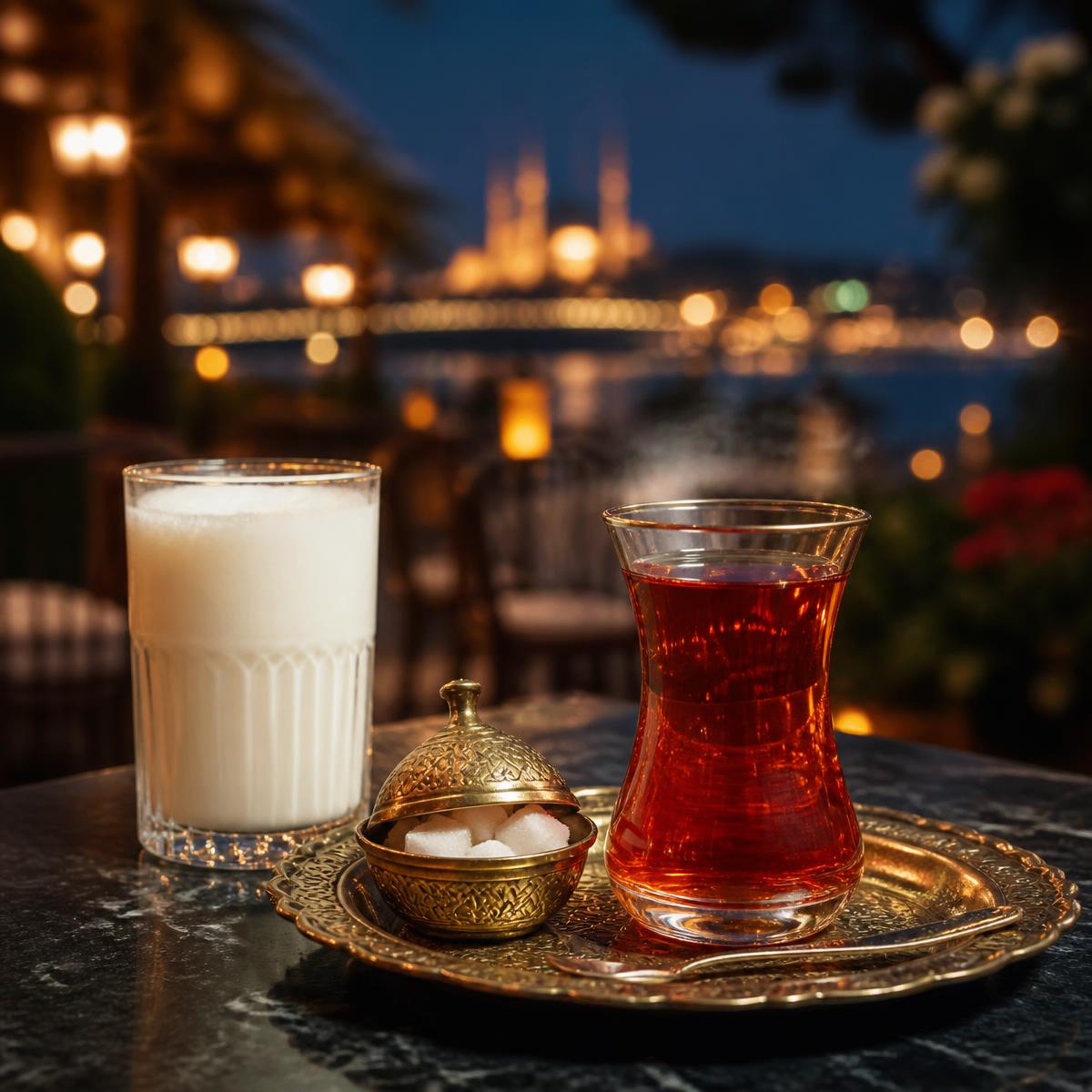 Türkischer Tee im Tulpenglas und Ayran