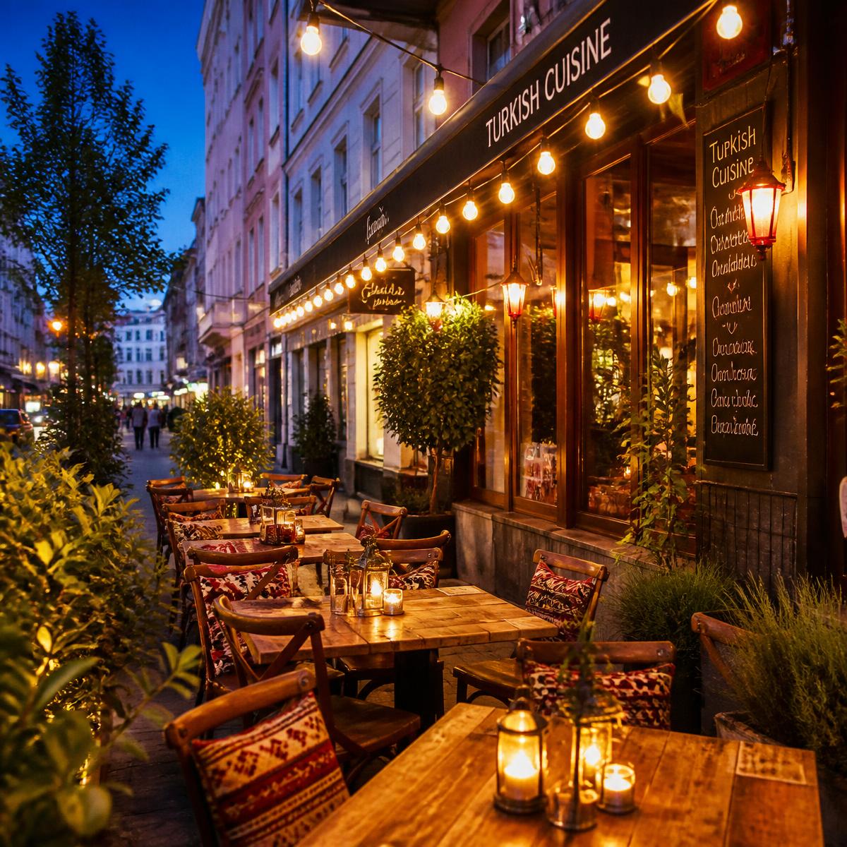 Sitzplätze im Freien vor dem Restaurant am Abend